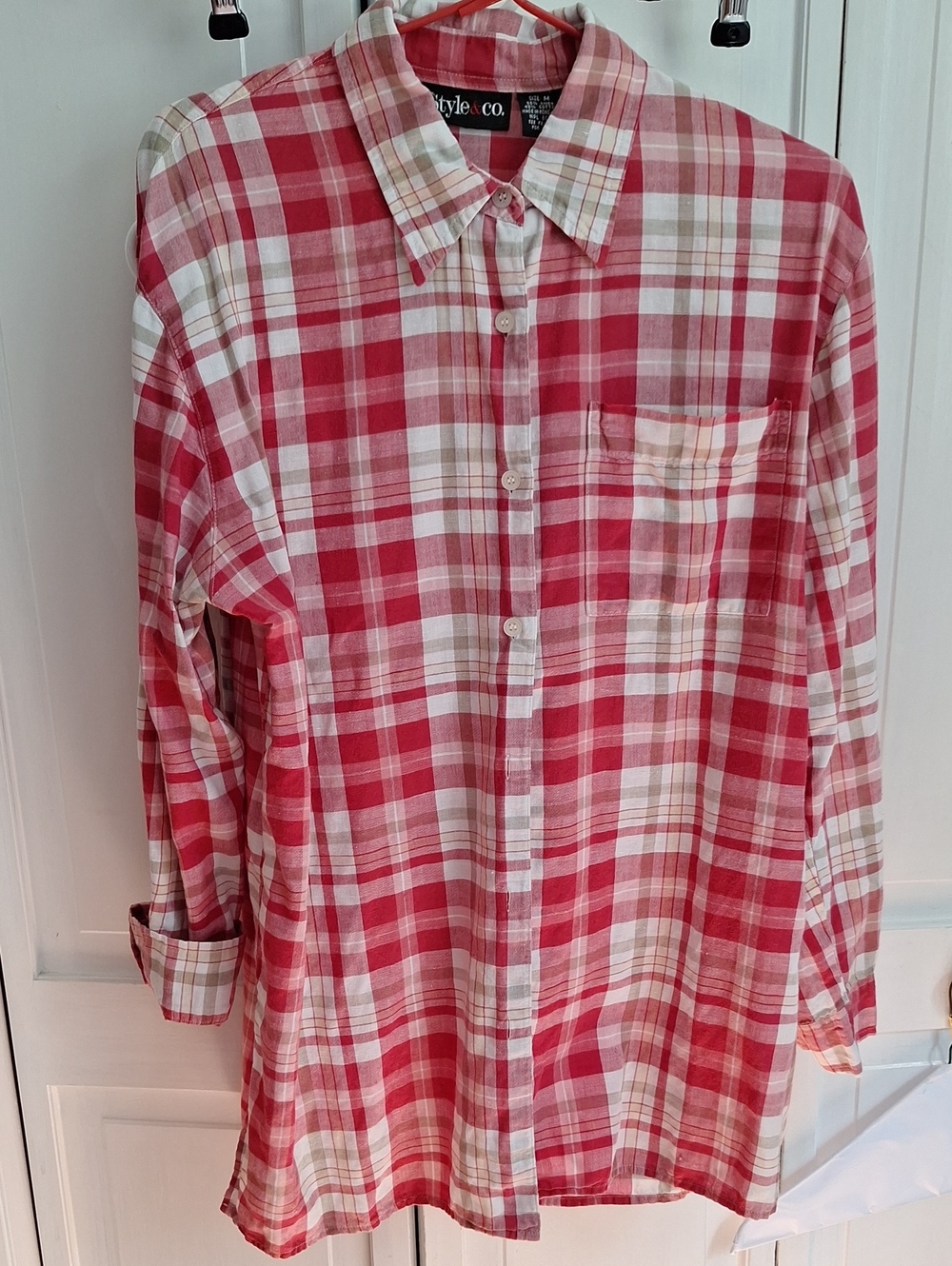 Style & Co. Macys Red and Cream Plaid Button-Down Shirt
